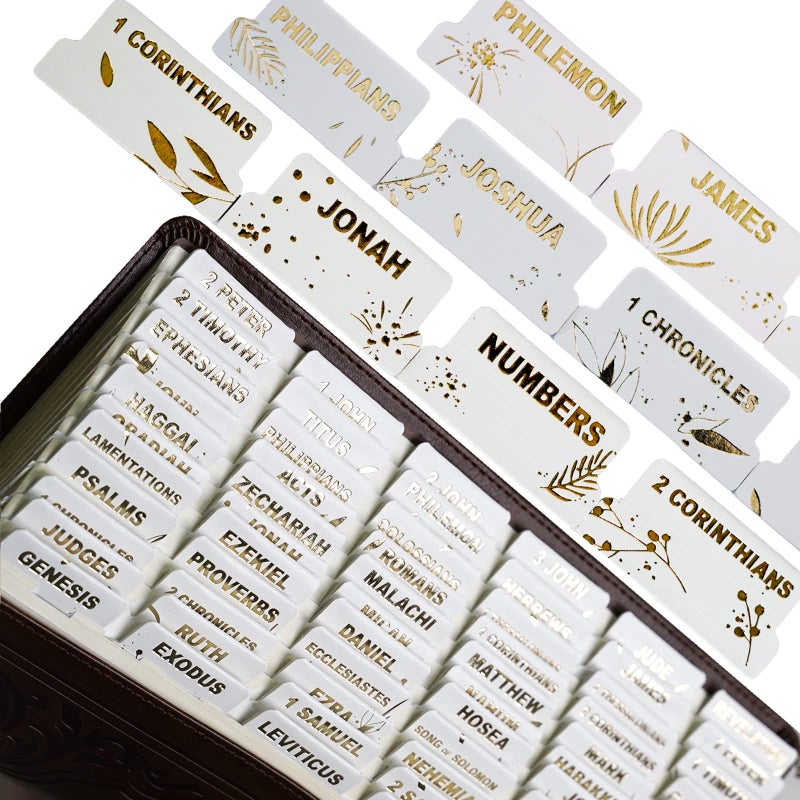 UPAFEXXI-Leather Bible Tabs  Bible Tabs for Women and Men(Gold Foil Lettering) Large Print Stickers  Easy to Read and Apply  80 Chapters Labels for Easy Navigation (White Gold Floral - Image 1
